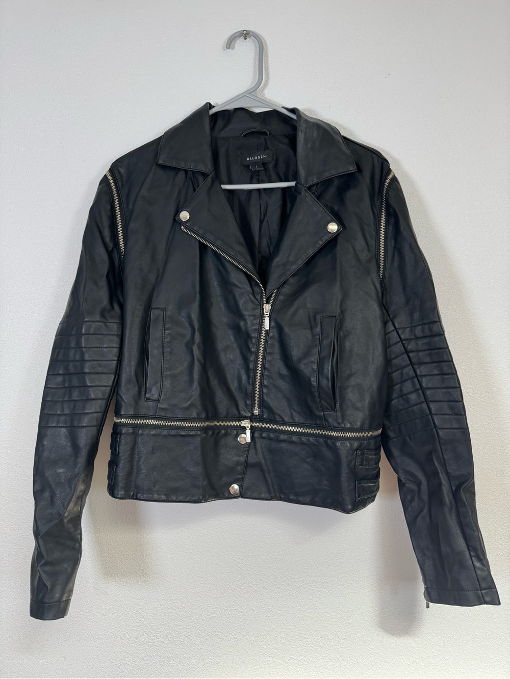 Halogen Black Quilted-Sleeve Leather Moto Jacket